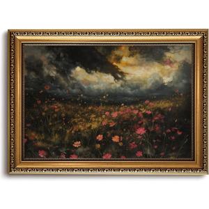 Vintage Gold Framed Wall Art - Vintage Landscape Canvas Wall Art Nature Wildflower Paintings Dark Moody Prints Rustic Farmhouse Cottagecore Decor Aesthetic Artwork for Living Room Bedroom 16x24in
