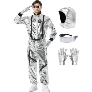 Astronaut Costume Adult Silver Spaceman Suit for Men Women Halloween Pretend Role Play, Size L