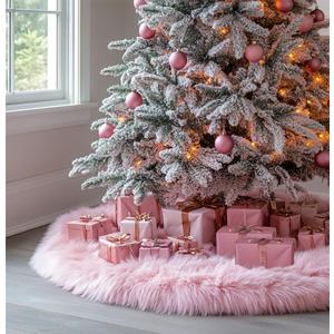 AOGU 48 Inch Faux Fur Christmas Tree Skirt Pink Plush Skirt for Merry Christmas Party Christmas Tree Decoration