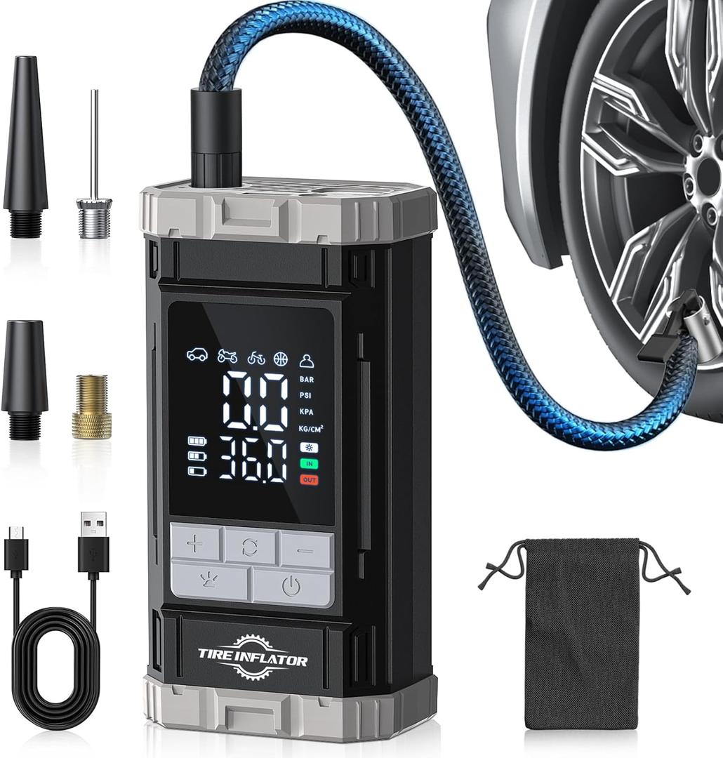 Tire Inflator Portable Air Compressor, 2X Fast Air Pump with Digital Gauge 150 PSI, Auto Shutoff for Roadside Inflation, Daily Car Care, Motorcycles, Bikes, and Sports Ball, One-Click Start (Black-gery)