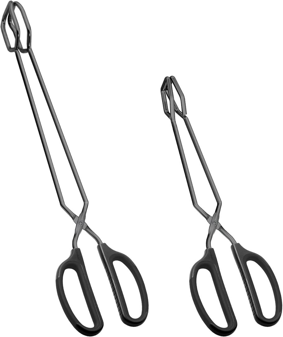 HINMAY Stainless Steel Scissor Tongs 12" and 16" Set, Extra Long Metal Kitchen Tongs for Cooking, Grilling & Serving (Set of 2, Black)
