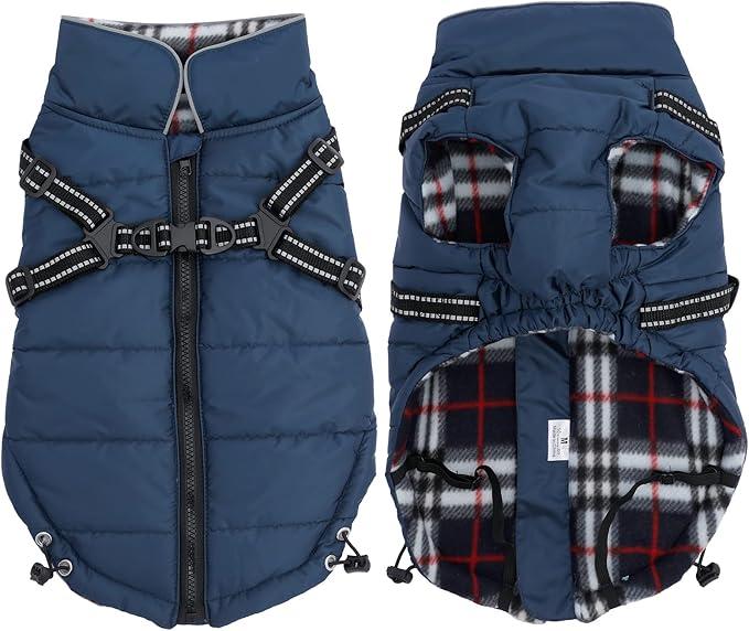 Warm Pet Dog Coats and Jackets,Waterproof Reflective Pet Dog Harness Vest Winter Puppy Clothes with Chest Strap, Outdoor Walking Adjustable Chest Strap-Navy Blue, Size M