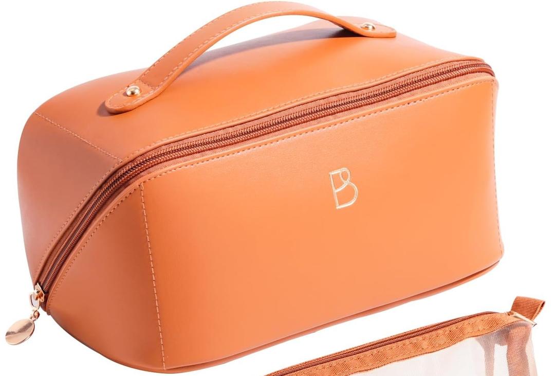 Travel Makeup Bag, Large Capacity Cosmetic Organizer Bags for Women, Waterproof PU Leather Toiletry Bags, Wide Open Flat Makeup Case with Divider and Handle
