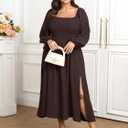 SCOMCHIC Women's Plus Size Fall Dresses Long Sleeve Square Neck Smocked Flowy A-Line Formal Wedding Guest Maxi Dress (Brown, XXXL)