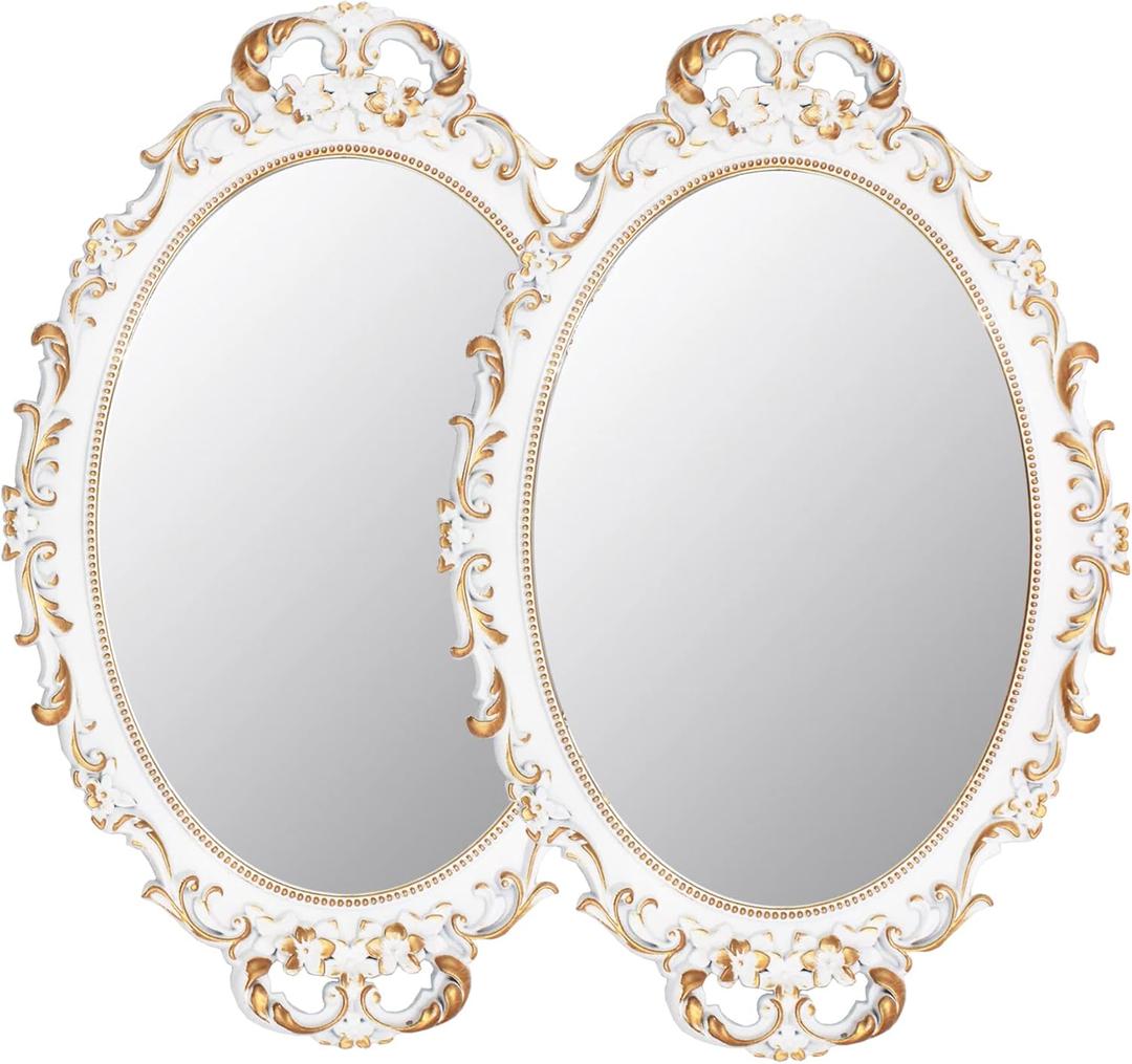 2 Pack - Vintage Decorative White Framed Mirror, Wall Hanging Mirrors & Tabletop Tray for Bedroom Living Room Dresser Decor, Oval- 9.6" W x 14.3" L (WHITE-2PACK)