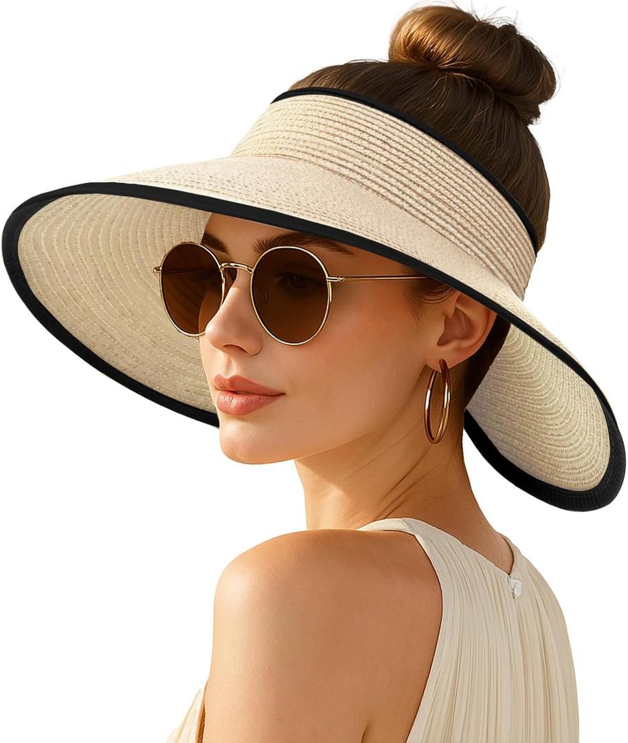 Women's Sun Visor Hats Wide Brim Straw Beach Hat Ponytail Hats for Women Foldable Floppy (1pack-beige2)