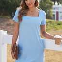 AlvaQ Womens Solid Color Casual Summer Square Neck Short Sleeve Mini Dresses with Pockets (Blue, L)