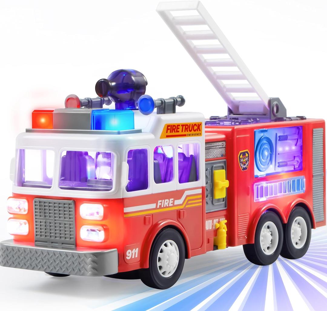 JOYIN LED Fire Truck Toy for Toddlers - LED Projections & Sirens, Bump and Go Fire Engine Trucks with Mode Switch & Volume Control, Boys&Girls Firetruck, Kids Birthday