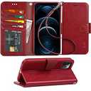 Arae Compatible with Case iPhone 12 Pro Max Wallet Flip Cover with Card Holder and Wrist Strap - Wine red