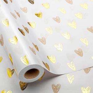 MAYPLUSS Foil Hearts Wrapping Paper Roll - 17 Inch X 33 Feet - Luxury Metallic Golden Heart Design Holiday Gift Wrap Present Paper for Valentines Day, Birthdays, Wedding, Anniversaries