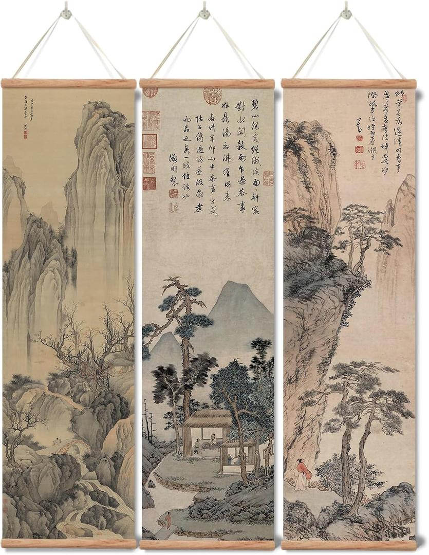 xinyuru Chinese Ancient Landscape Wall Art Poster,Tradition Canvas Printing,Oak Wood Scroll Painting Decor for Bedroom Living room (Landscape 01, 12x41x3 Piece)