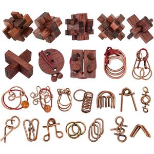 24 Pcs Brain Teaser Puzzles for Adults - Metal & Wooden 3D IQ Test Logic Game, Unlock Interlocking Brain Puzzle Toys for Teens Kids, Smart Educational Desk Toy for Mind Challenges
