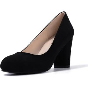 IDIFU Women's Sherry Dress Low Block Chunky Heels Pumps Closed Round Toe Shoes for Wedding Office Evening (8, Black Nubuck)