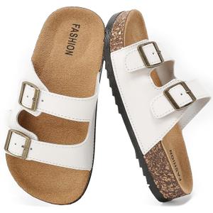 Kids Sandals Cork Footbed Non-slip Slides for Boys Girls Lightweight Summer Slippers with Adjustable Straps Double Buckle Soft Sole Sandals for Indoor Outdoor (White, 6 Big Kid)