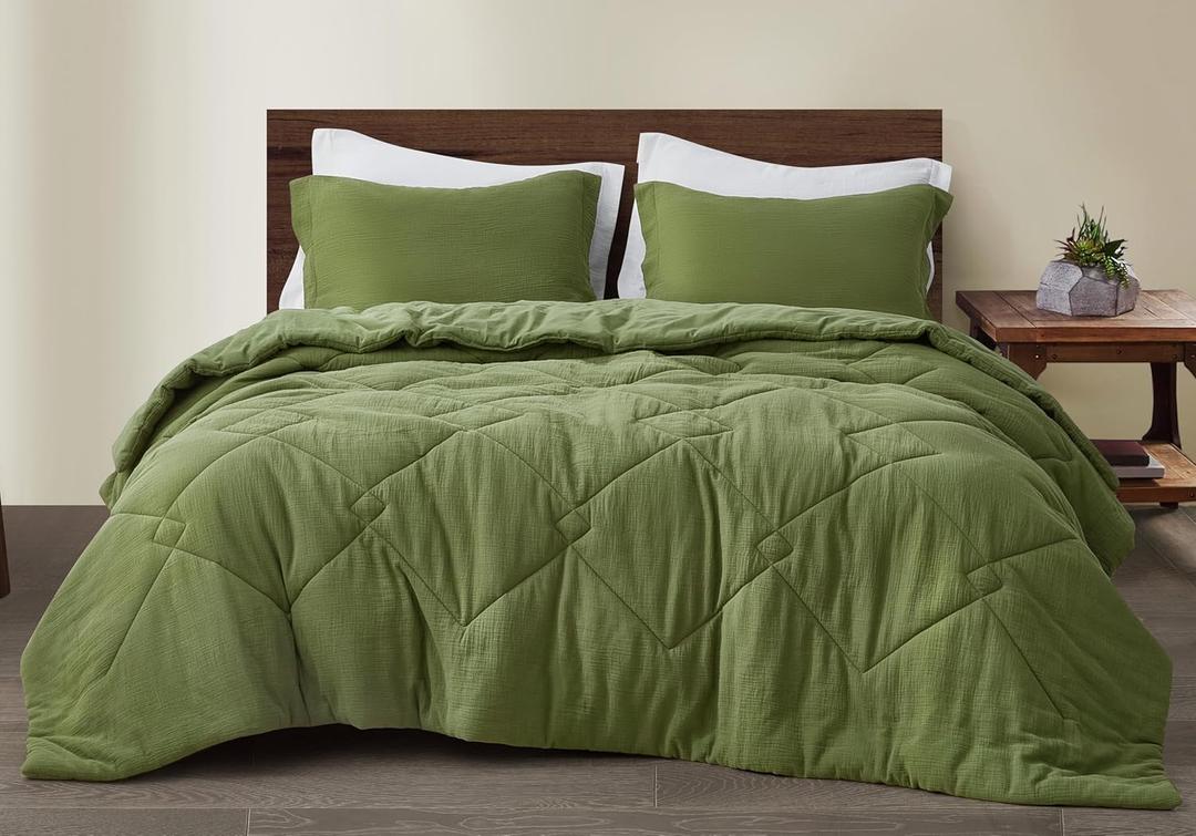 Chezmoi Collection Skye 3-Piece Breathable Lightweight Cotton Gauze Comforter Set Queen, Olive Green Reversible Soft Washed 100% Cotton Muslin Thin Comforter, 130GSM Fill Summer Blanket