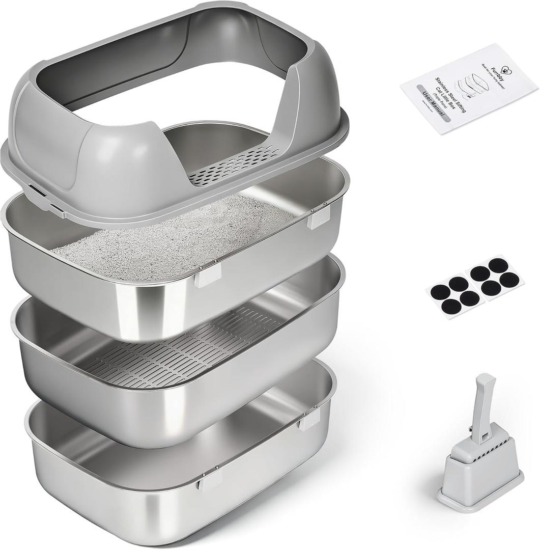 Triple Pan Stainless Steel Sifting Cat Litter Box, Large High Sided Metal Litter Box for Big Cats up to 20lbs, Odor-Free Non-Stick Easy Clean System, No Scooping Sifter Tray for Multi-Cat Homes