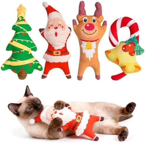 EXPAWLORER Christmas Cat Catnip Toys Gifts, 4 pcs Toys with Catnip Pouch, Interactive Bite Resistant Kicker Toys for Indoor Playing Kitten Chew Plush Gift Santa Claus Reindeer Christmas Tree