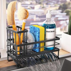 Vanwood Kitchen Sink Caddy Organizer Sponge Holder for Kitchen Sink with Brush Holder, Stainless Steel Dish Soap Dispenser Sponge Caddy Self Drain Tray Storage Home Decor Gadge Essentials Accessories