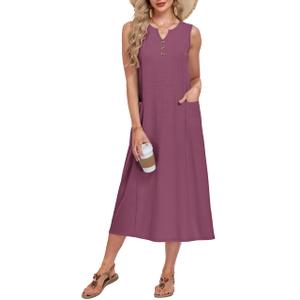 MOLERANI Women's Casual Button Down Midi Dress with Pockets,Mauve,2XL