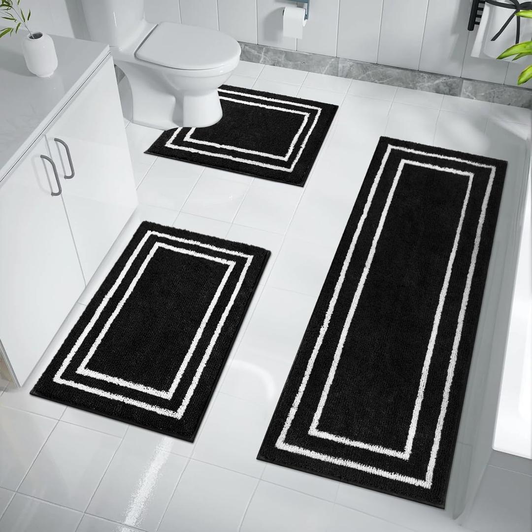 Uphome 3-Piece Black Bathroom Mat Set, Non-Slip, Machine Washable, Soft Shaggy Microfiber Absorbent Bath Mat Set with U Shaped Toilet Mat for Tub, Shower (18 x 25 + 18 x 47 + U-Shape 20 x 24 inch)
