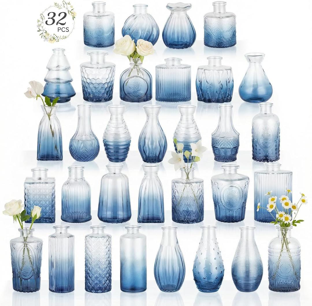 RUCKAE 32 Pack Flower Vase Mini Glass Bud Vases Vintage Small Vases for Centerpiece Table Wedding Decorations Home Decor Party (Gradient Blue)