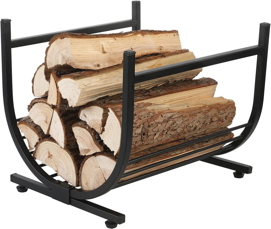MyGift Industrial Firewood Rack - Matte Black Metal Freestanding U-Shape Log Holder - Compact Fireplace Storage Elevated Fire Wood Caddy