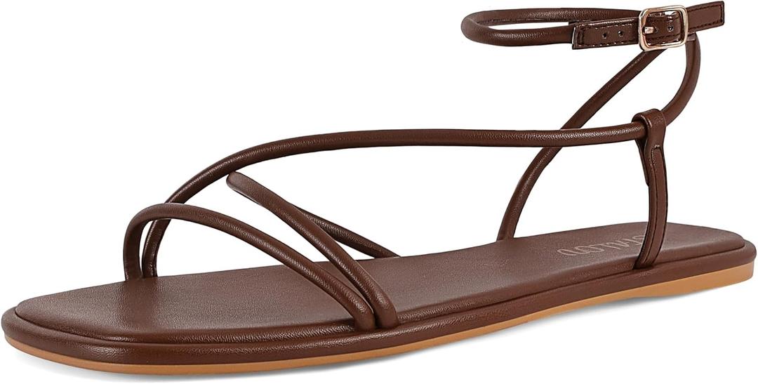 STALOV Strappy Flat Sandals for Women Square Open Toe Leather Ankle Strap Flats Sandals Comfortable Beach Summer Shoes (Brown, 7)