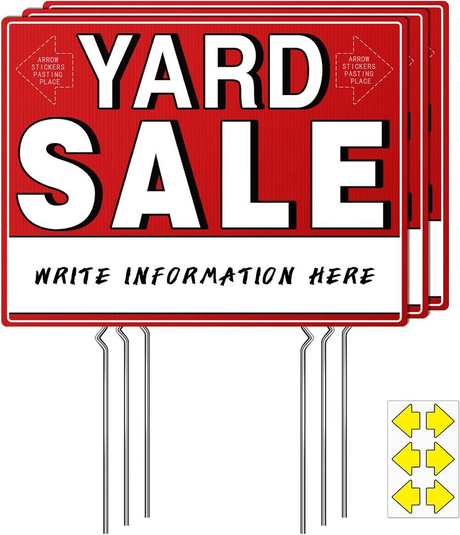 Yard Sale Signs, 3 Pcs Garage Signs with Metal Stakes, 17" x 13", Double Sided Yard Sale Kit with Directional Arrows Stickers, Garage Sale Supplies, Weatherproof, Red