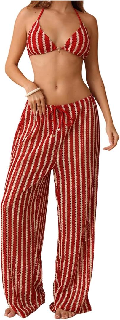 SHENHE Women's 3 Piece Swimsuits Crochet Striped Bikinis Triangle Halter Bathing Suit with Pants (Medium, Red)