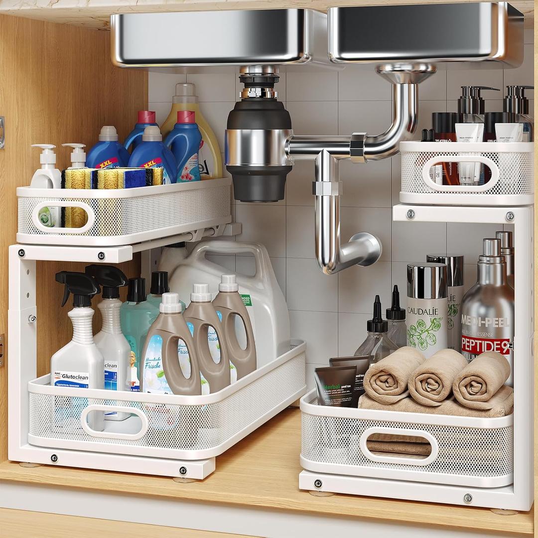 2 Pack Under Sink Organizer With Smooth Cylindrical Rail,2-Tier Pull Out Multi-Purpose Cabinet Storage for Bathroom&Kitchen,Height Adjustable,Rust-resistant Coating-White (2 Pack-15.7"Dx11"-16.14"H)