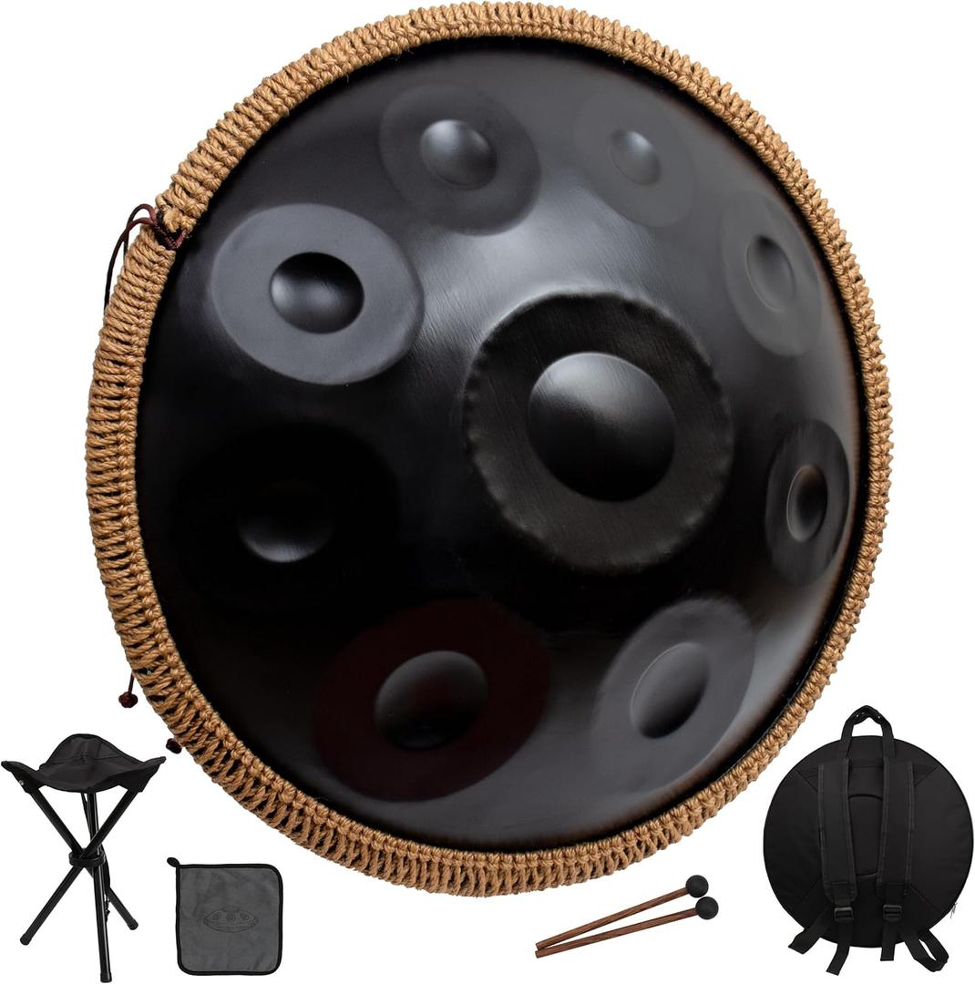 Handpan Drum for Beginners, 22 Inch D Minor Kurd 9 Notes - 440Hz Hand Drum Set for Music Therapy, Meditation & Outdoor Performances (Black)