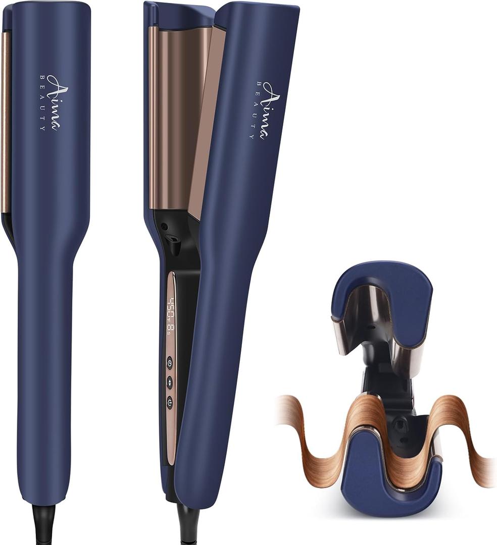 Aima Beauty 1 Inch Deep Wave Curling Iron Hair Crimper Waver Beach Waves Curling Wand, Memory Timer, Adjustable Temp Travel Dual Voltage Anti-Scald Lasting Style Ionic Anti-Frizz, Prussian Blue