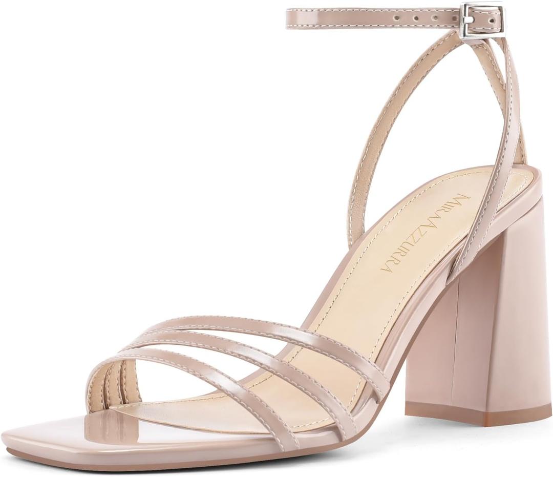 MIRAAZZURRA Womens Heeled Sandals, Square Open Toe Chunky Block Heels with Ankle Strap, for Women Daily Party Dress Comfortable Heels (9, Nude)