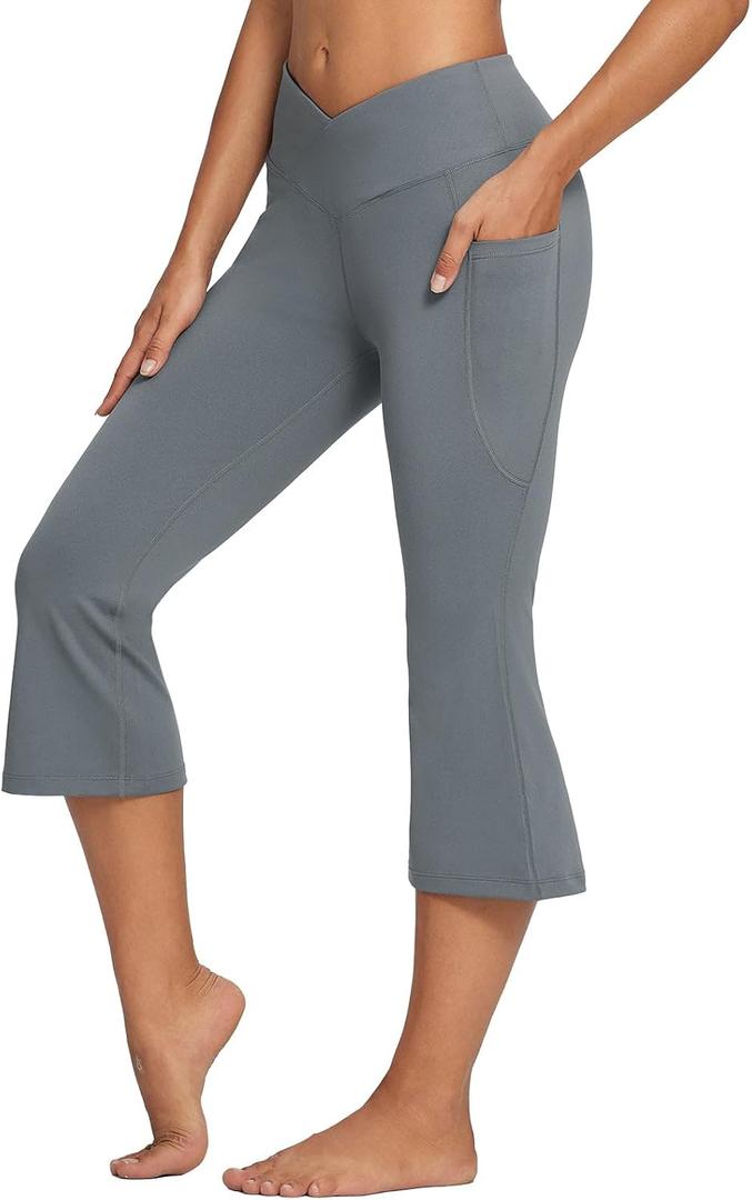 baleaf Women Flare Capri Leggings with Pockets Yoga Pants Bootcut Casual Cotton Work Summer Lounge (X-Large, V Waist-dark Grey)
