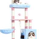 Heybly Cat Tree,Cat Tower for Indoor Cats, 65.4 inches Cat Condo with Perches, Basket, Feeding Bowl Station, Multi-Level Plush Furniture with Scratching Posts, Blue and Pink HCT015BP