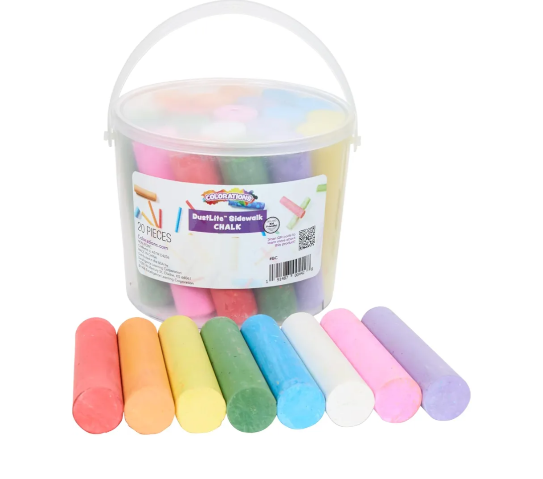 Colorations Washable Sidewalk Chalk in Storage Bucket, 20 Pieces, 8 Assorted Colors, Driveway Chalk for Kids, Oudoor Chalk, Kids Dustless Chalk, Homeschool, Home School Use