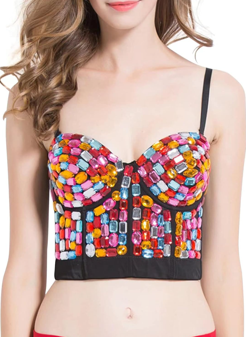Charmian Women's Bustier Crop Top Mesh Corset Top Push up Rhinestone Diamond Bra Club Party Vest ,Size 2XL