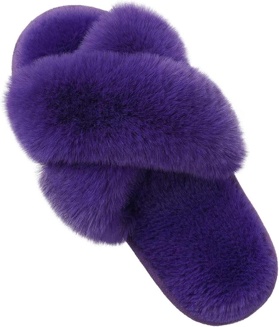 Evshine Women's Fuzzy Slippers Cross Band Memory Foam House Slippers Open Toe (10-11, Purple)