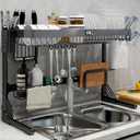 VNKZI Over Sink Dish Drainer Drying Rack, 2 Tier Stainless Steel Storage Adjustable Length (25.98'' to 36.61'') Kitchen Rack, Multifunctional Expandable Counter Organizer Shelf, Space Saver Dish Rack (Black Gray)