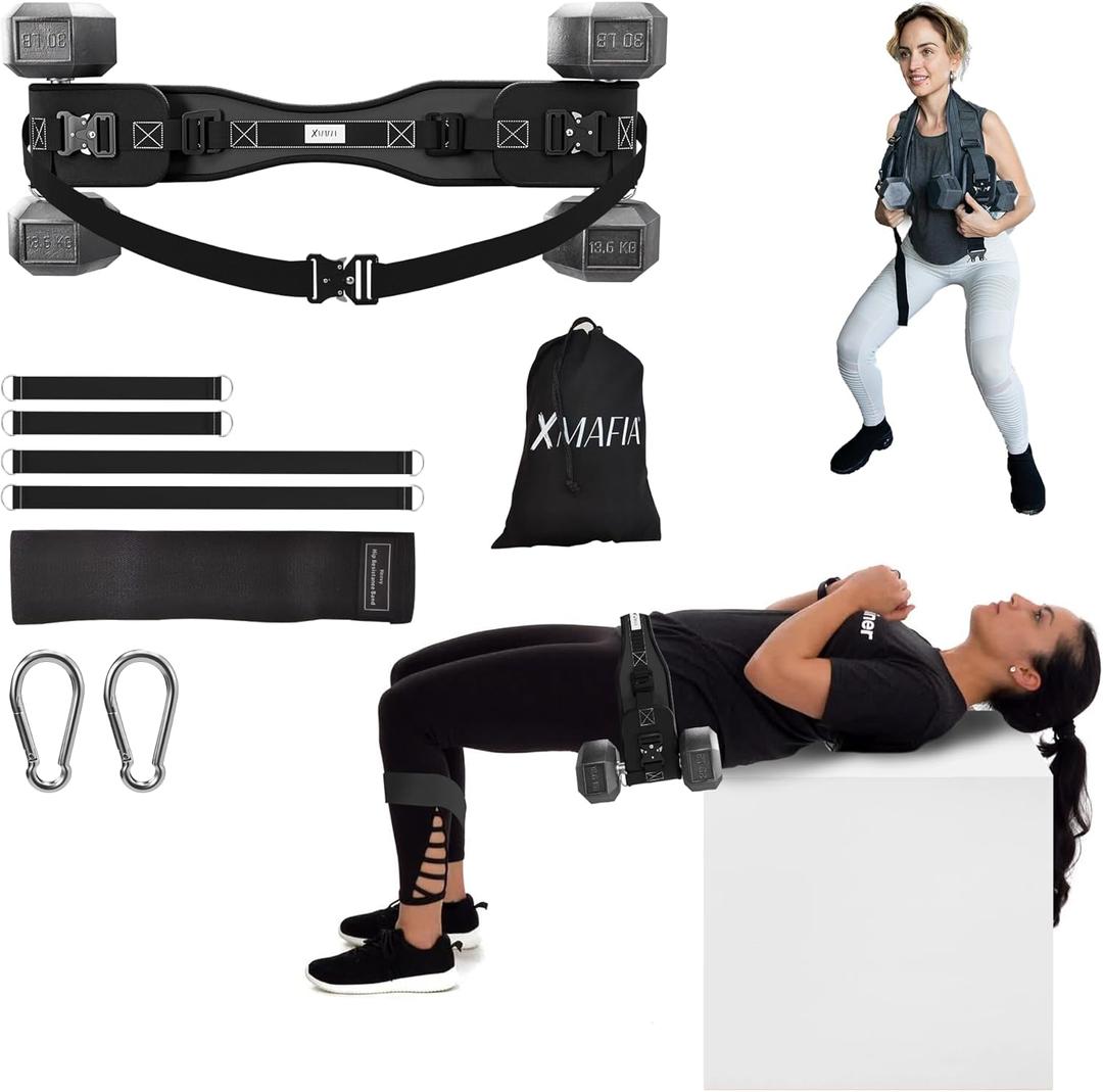8-in-1 Premium Kit Hybrid Dip & Hip Thrust Belt Heavy Duty Glute Workout Belt with Back Strap Support 1600lb Capacity 1 Padded for Dumbbell, Kettlebell, Plates, Booty, Squat, Core Training