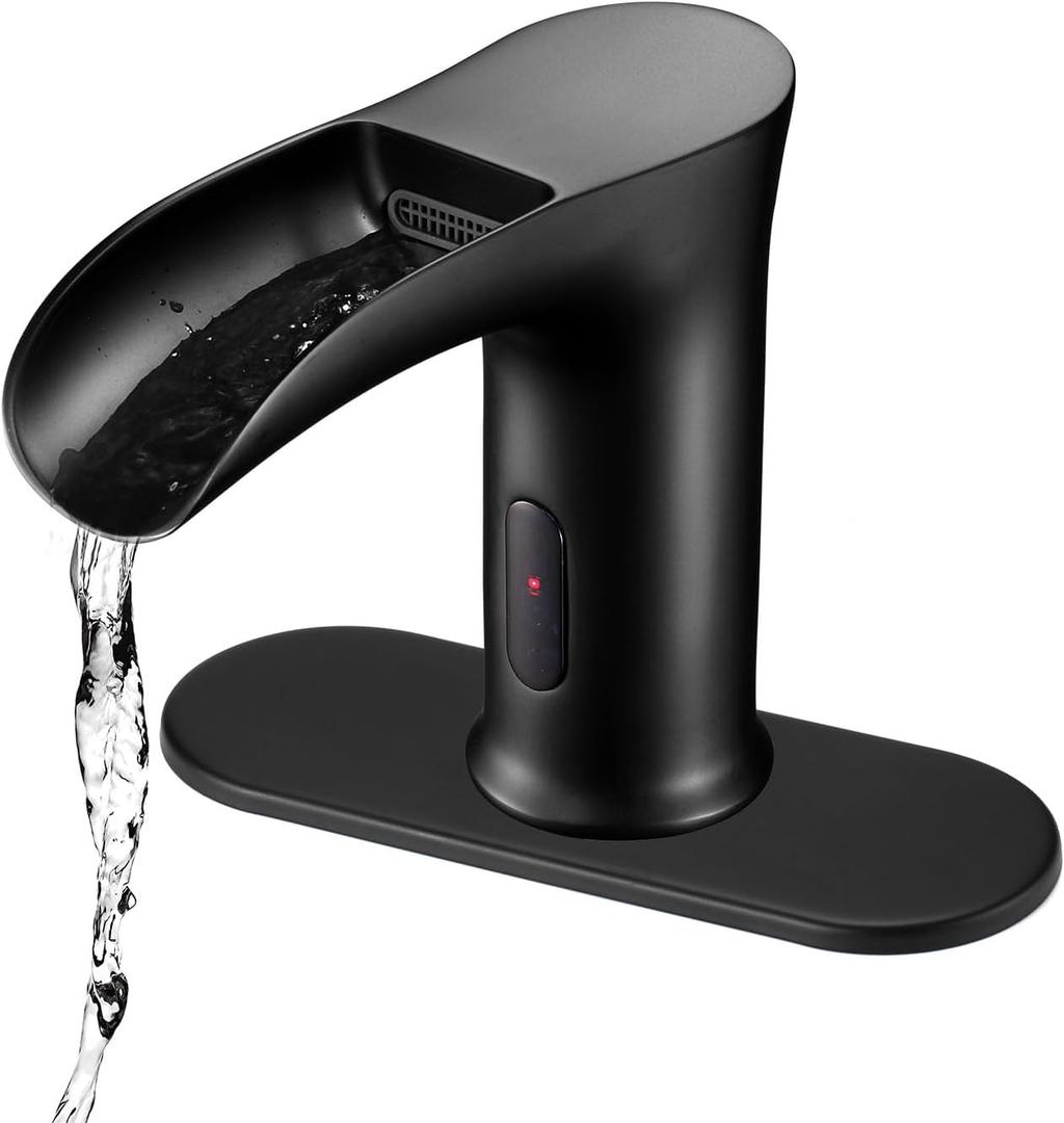 Automatic Sensor Touchless Waterfall Bathroom Sink Faucet, Modern Electronic Sensor Lavatory Faucet, Matte Black Hands Free Vanity Faucets with Control Box and Temperature Mixer