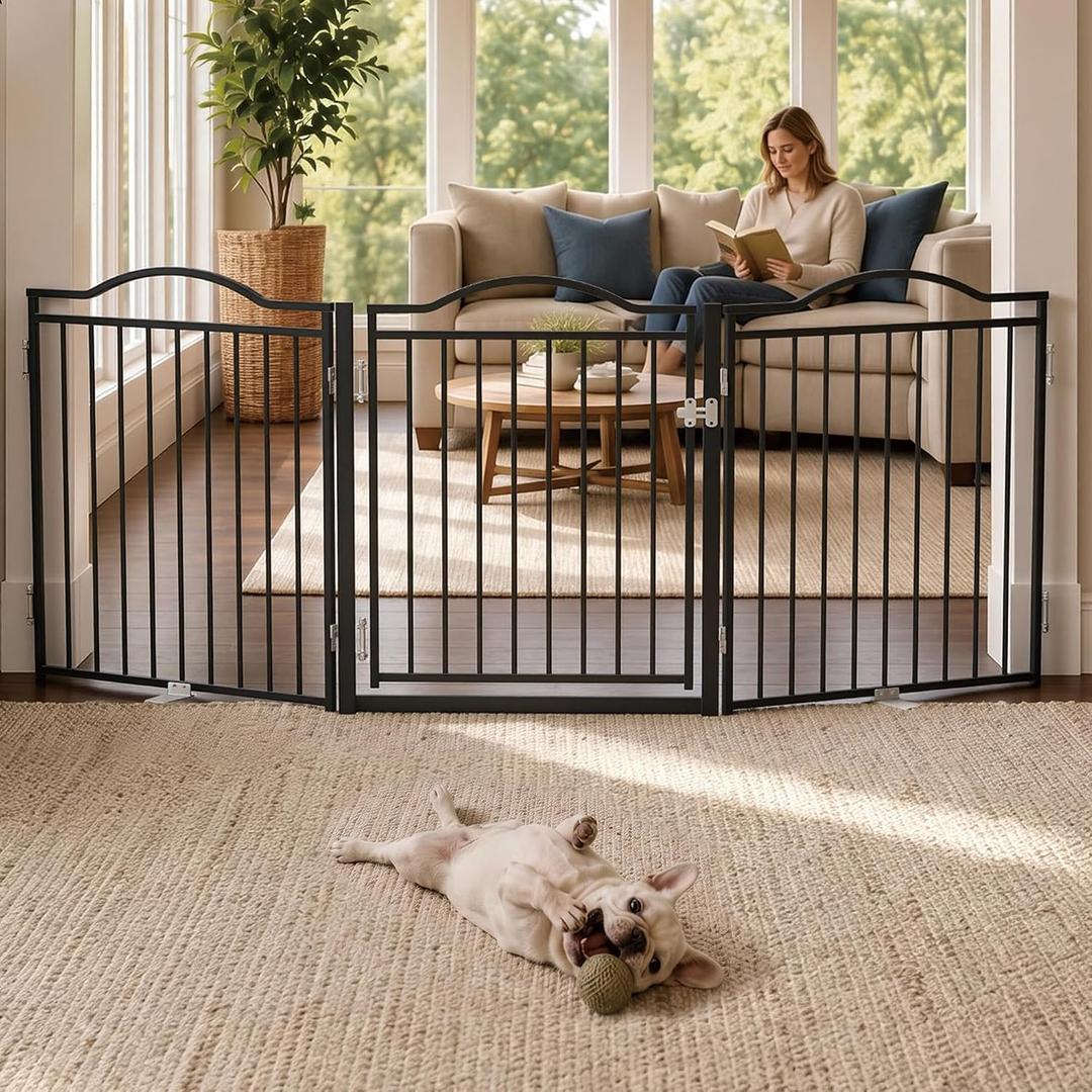 No Pawblems Metal Freestanding Foldable Dog Gate with Door, 30'' Tall