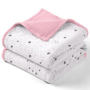 lulumoon Muslin Baby Blanket for Girls - Cotton Quilt Blankets for Toddlers - Reversible Nursery Crib Blanket for Baby Gift 47"x47" (Pink Star)