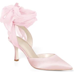 Women's Lace up Satin Heels Bow Pointed Closed Toe Bridal Dress Shoes Low Heel Wedding Elegant Pumps (7, Pink)