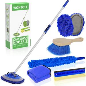 Wontolf 62'' Car Wash Brush With Long Handle - Chenille Microfiber Mop Mitt, Cleaning Kit, Windshield Window Squeegee, Duster, Microfiber Towels, Wheel Tire Brush for Cars, RV, Truck, Boat