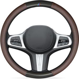 Carbon Fiber Pattern Steering Wheel Cover for BMW, Car Steering Wheel Covers for BMW Interior Accessories, Non-Slip Leather Steering Wheel Custom Three-Color Design, Dark Graya