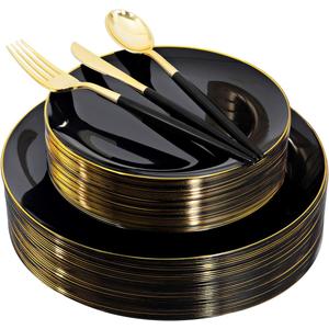 150pcs Black Plastic Plates, Black and Gold Plates,Gold Plastic Silverware,Black and Gold Dinnerware Set,Premiun Taleware,Perfect for Birthday,Party,Wedding,Anniversary