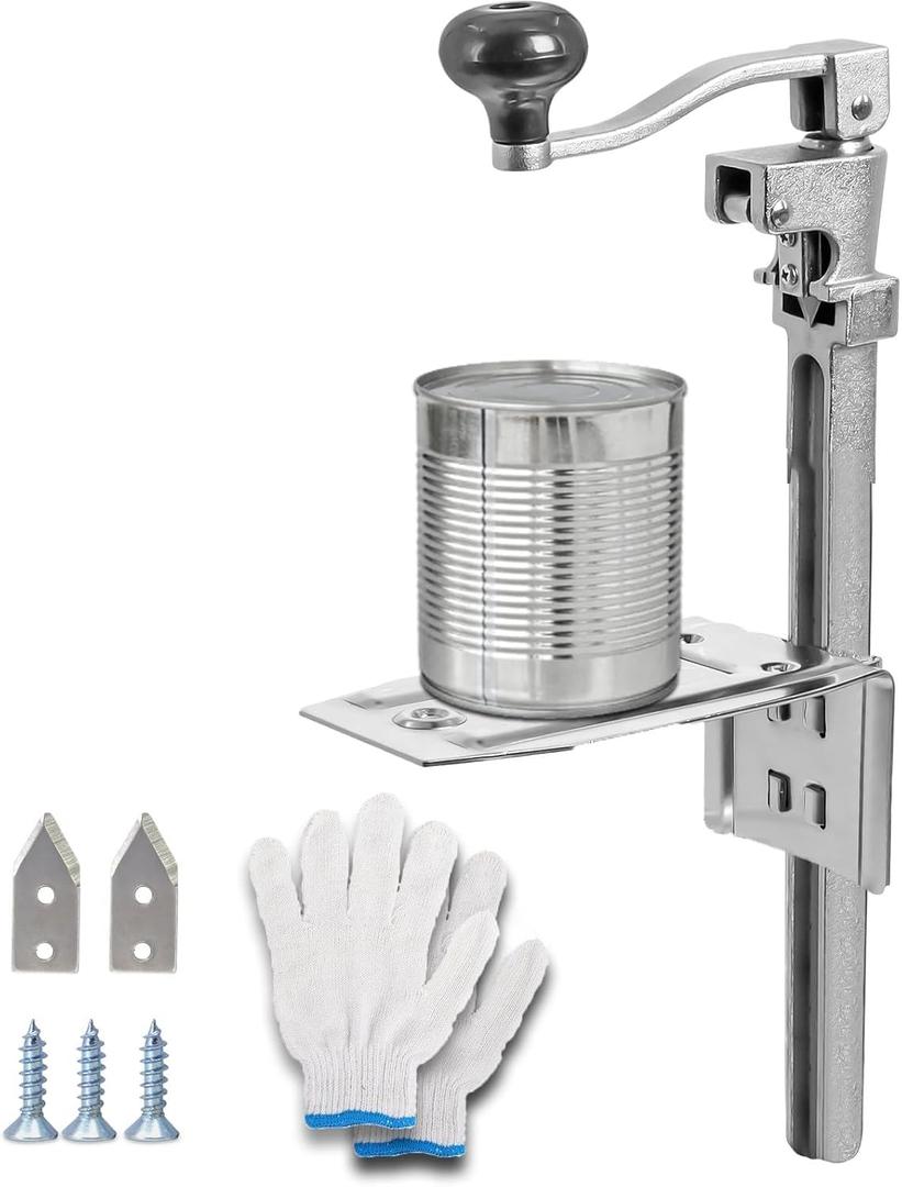 Commercial Heavy Duty Can Opener- Adjustable Manual Opener with 2 Blades & Plated Steel Base, Fits Cans Up to 10" Tall for Restaurant, Hotel, Food Store, 16" + One Replacement Blade