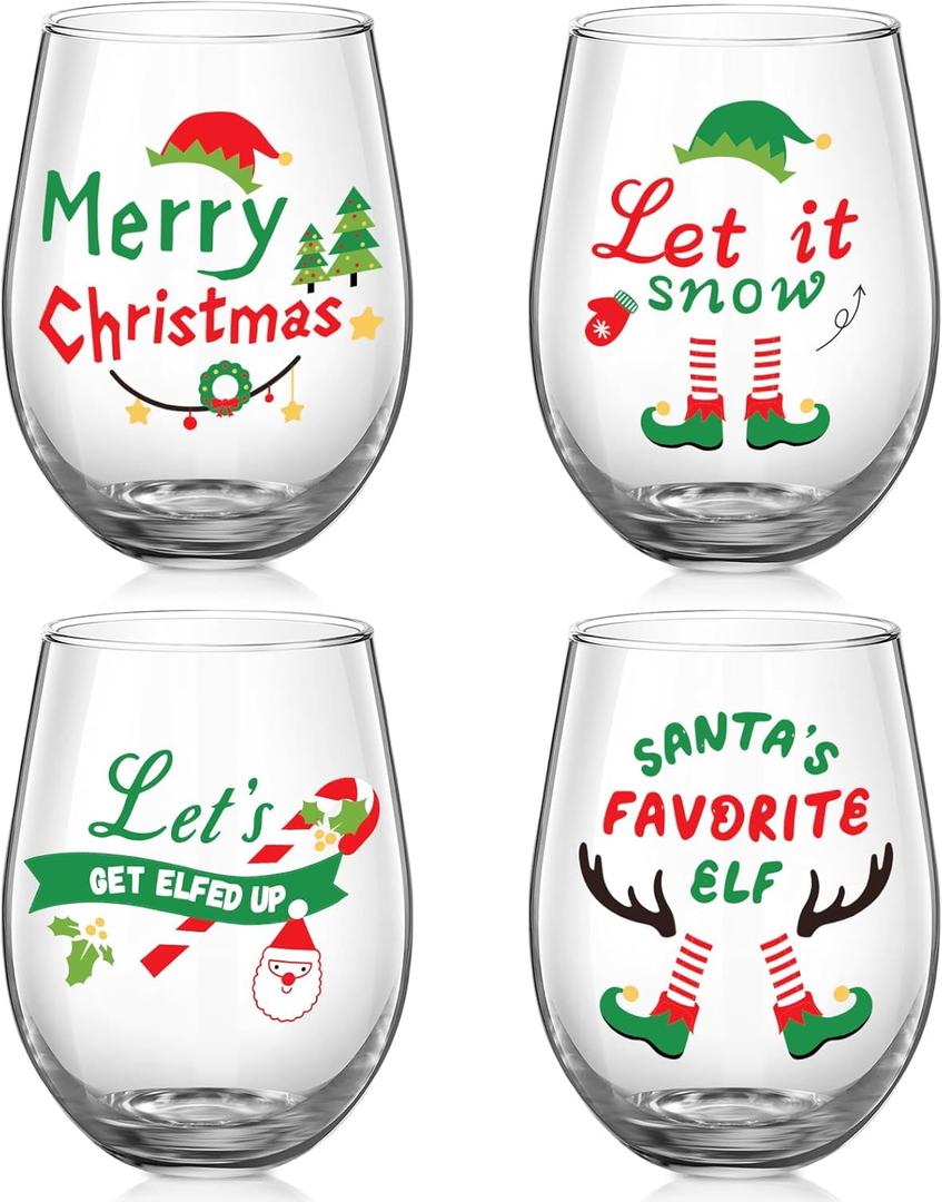 Hushee Set of 4 Christmas Wine Glasses Christmas Elf Glasses Drinkware Xmas Stemless Wine Glass for Home Housewarming Creative Gifts Teacher Men Woman Family Friends Coworkers Holiday Party Decor
