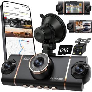 4 Channel Dash Cam Front and Rear Camera System with Wires, 64G Front View Dash Cam w/Cable, Dash Cam 1080p Full View Car Dashcam System,Built-in G Sensor App Control Adjustable Lenses Night Vision